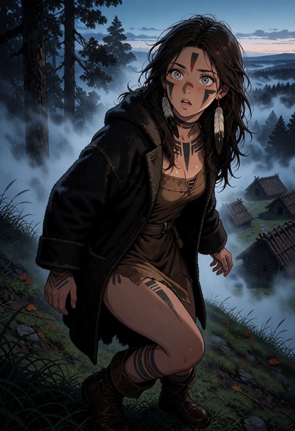 Location: outside the village on a grassy slope under the dim, blue-tinted light of dawn, with thick white mist swirl…