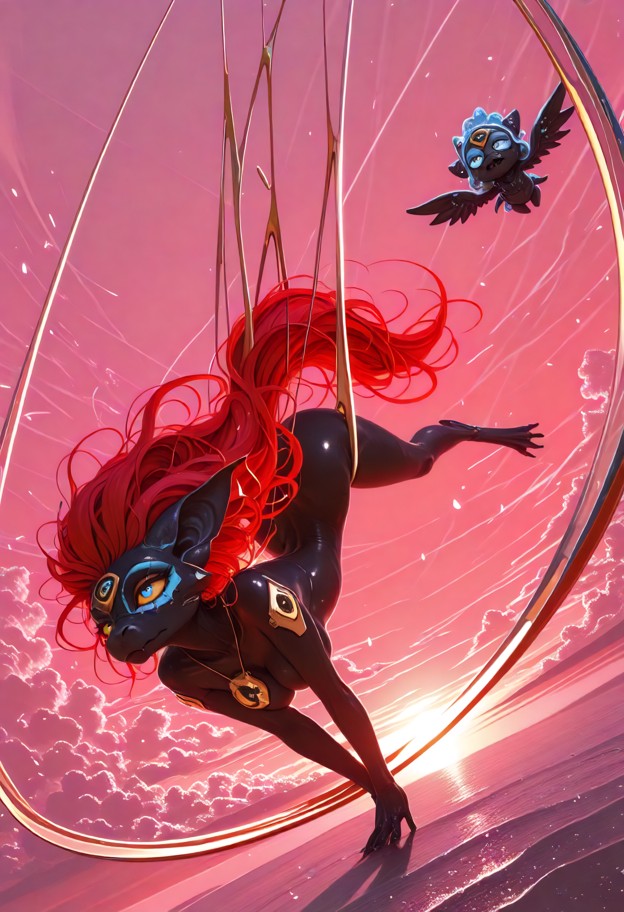 horizontal camera angle,sharp focus on a woman falling vertically headfirst through the sky:1.4,body oriented upside-…