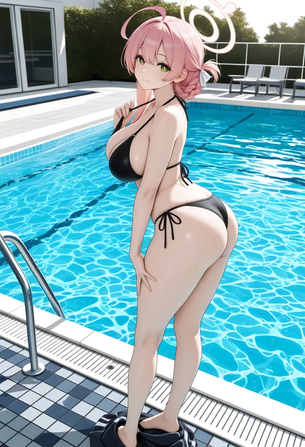 standing by the pool holding her clothes,solo,black bikini top,black bikini bottom,soaking wet,swimming pool,turquois…