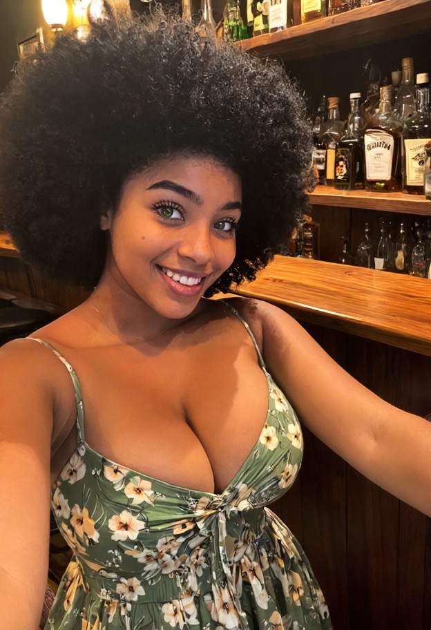 she is smiling behind the bar,biting her lower lip,light floral sundress,dimly lit bar,wooden counter,glass bottles,s…