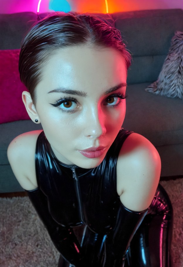 latex_outfit,latex_bodysuit,shiny_latex,black_latex,tight_latex,1girl,solo,about to kiss pov,(close up,forming lips) …