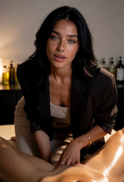 Location: dimly lit massage room with soft ambient light casting gentle glows over various oil bottles on a shelf and…