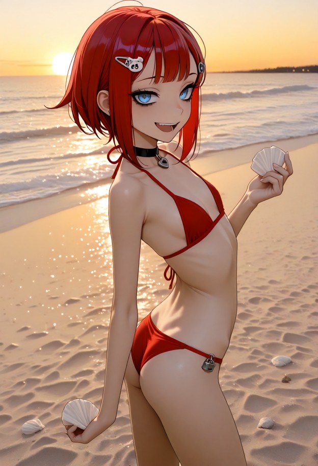 solo,she (petite,slim,flat chest:2.0) leans down to pick up seashells,seen from behind,up ass,legs straight,seashell …