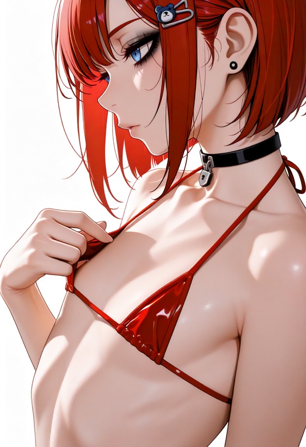 she (flat chest:2.0) shows nipple,red bikini_top_lift with hand,solo,red micro bikini,nape,one nipples exposed,boobs,…