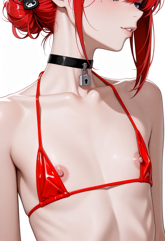 she (flat chest:2.0) shows nipple,red bikini_top_lift with hand,solo,red micro bikini,nape,one nipples exposed,boobs,…