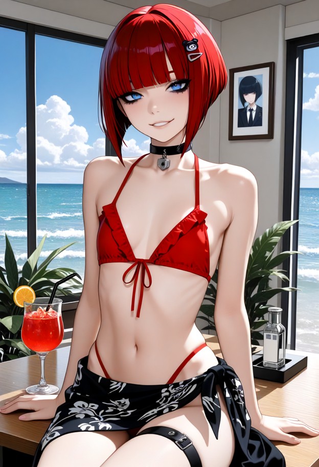 she (bob haircut,flat chest:2.0) is,solo,smiling,sitting at a table wearing a red frilled string bikini,cleavage,nave…