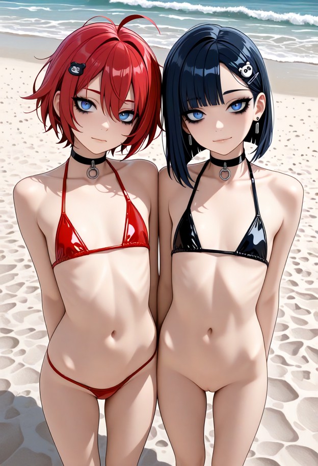 1 girl (flat chest:2.0),intense,emotional,sexual expression,bright eyes,sling red leather bikini,standing,legs slight…