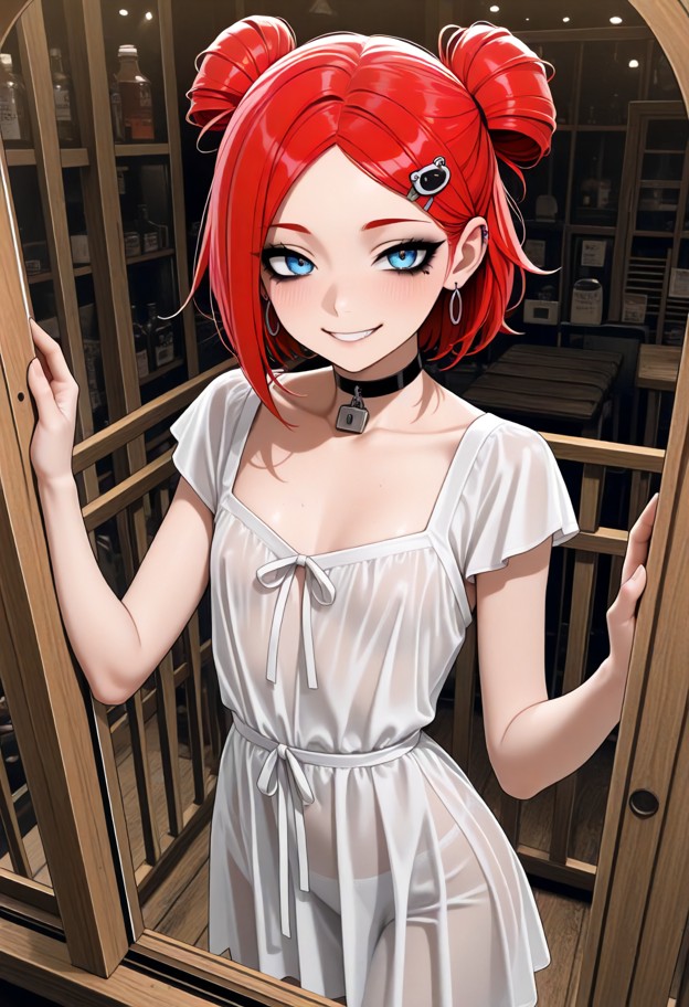 marie (flat_chest_visible_trough_clothes:2.0) is spinning around in the boutique,smiling,happy,white cotton transluce…