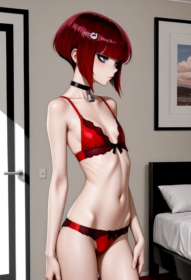 she is (bob haircut,petite,slim,flat chest:2.0),solo,wearing red lingerie,posing,standing,indoors,bedroom,medium shot…