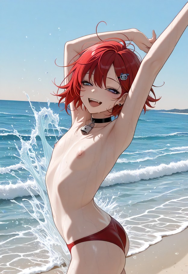 1girl,(flat_chested:2.0),solo,beach,ocean,in the ocean,sunnny,summer,clear_sky,warm,splashing,water,topless bikini,re…