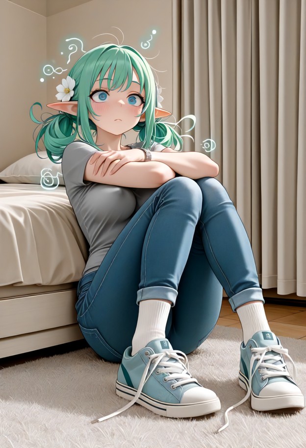 1girl,girl sitting on hotel bed edge,arms crossed over chest,wearing gray tight t-shirt,blue rolled-up jeans,white so…