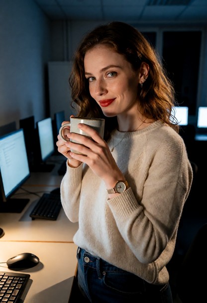 Location: late evening in a quiet computer lab, the room dimly lit by the cool blue glow of computer monitors and the…