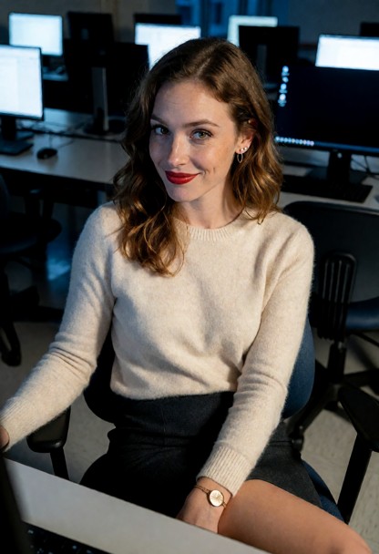 Location: a dimly lit university computer lab in the evening, with the cool blue glow from various monitor screens ca…
