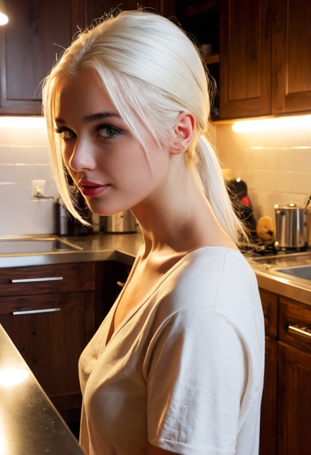 standing on her side looking back over her shoulder,naked,ass,kitchen,dark wooden counters,dim yellow lights,tiled fl…