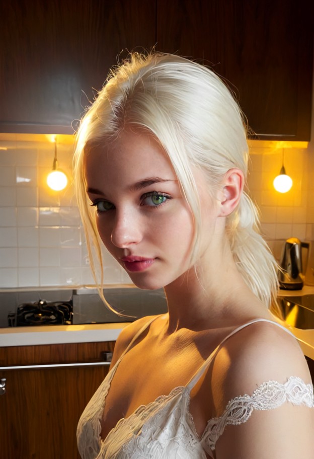 standing in the kitchen,white lace panties,dark wooden counters,tiled floor,dim yellow lights,medium shot,dim lighting