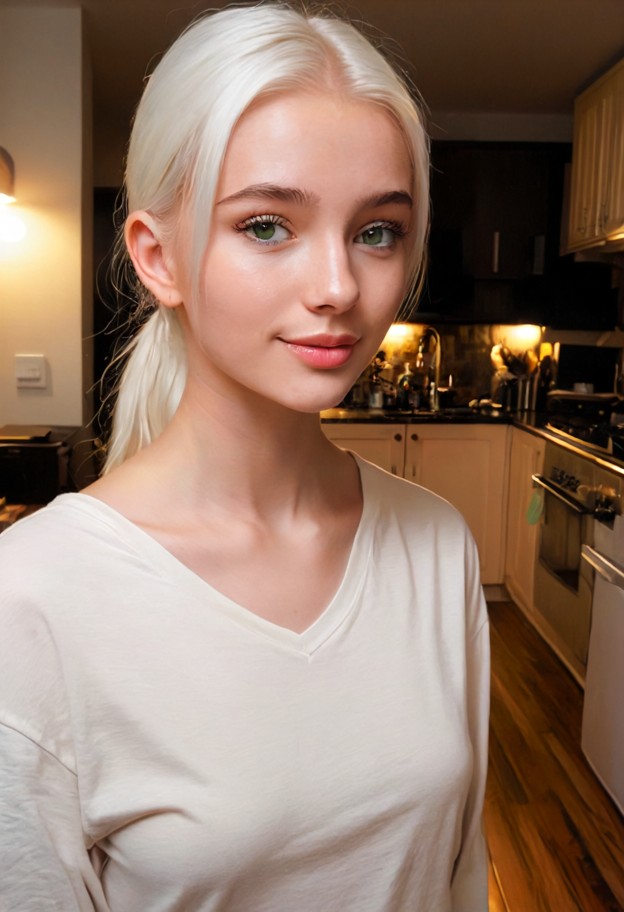 standing in the kitchen,naked,boobs,dark wooden counters,tiled floor,dim yellow lights,full body,eye level