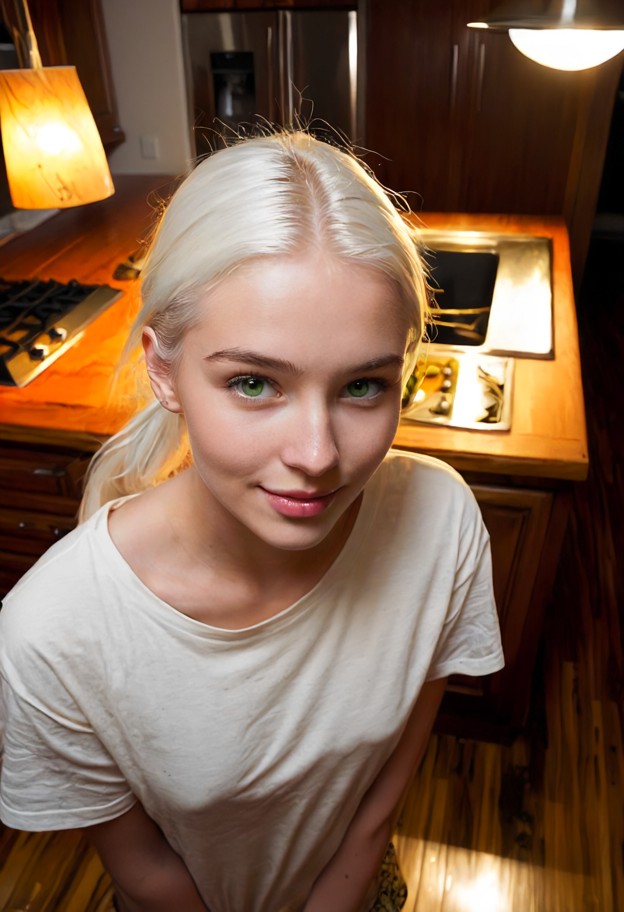 looking down at her pussy,naked,boobs,kitchen,dark wooden counters,dim yellow lights,tiled floor,standing,legs apart,…