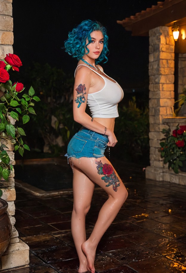 mei is pulling her tank top up to her chest,solo,white tank top,blue denim shorts,barefoot,warm patio,stone tiles,wet…