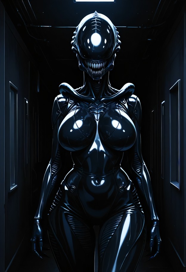 1girl standing in a narrow metallic spaceship corridor,dim lighting,scared facial expression,dark blue and black spac…