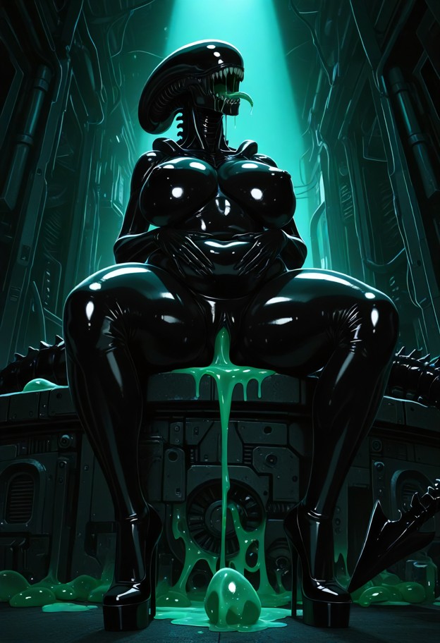 she is sitting on heels,hands on stomach,naked,boobs,cavernous chamber,organic egg sacs,slimy walls,dim green light,l…