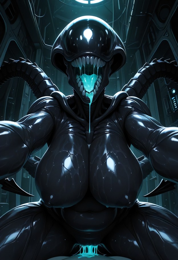 she is,leaning in close,tilting chin up with claw,second mouth wide open,naked,boobs,bridge of bio-ship,pulsing biolu…