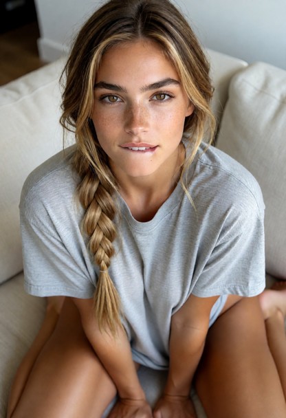1girl on knees on couch, wearing oversized plain grey t-shirt, naked underneath, pushing shirt down between legs, lea…