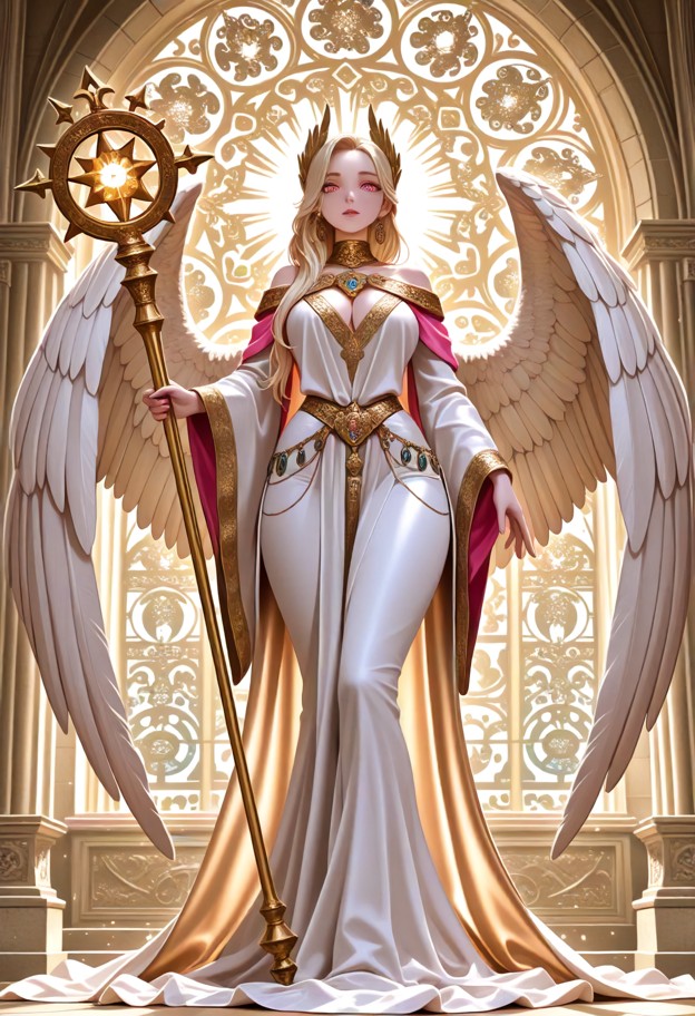 1girl,solo,ancient cathedral,sun lit stained glass,beautiful white and gold celestial robes,ornate golden staff,stand…