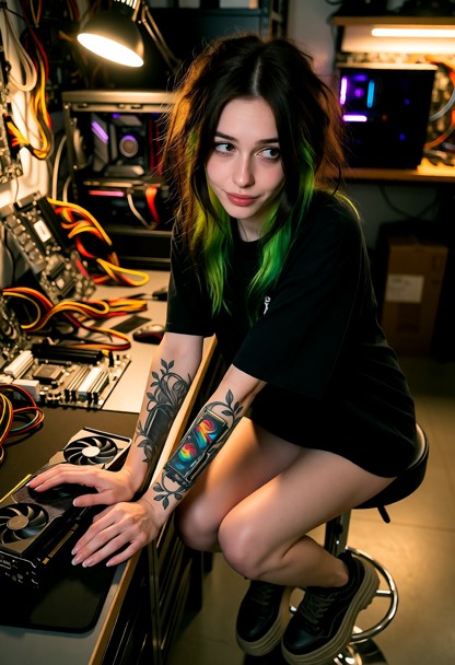 Tattoos, Location: A Small, Motherboards, Lowered Chin — AI Porn Image