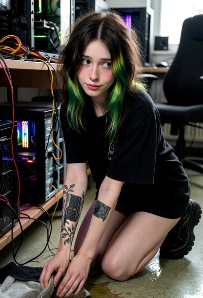 Location: afternoon in a cluttered PC shop filled with open computer cases, circuit boards, and colorful cables, with…