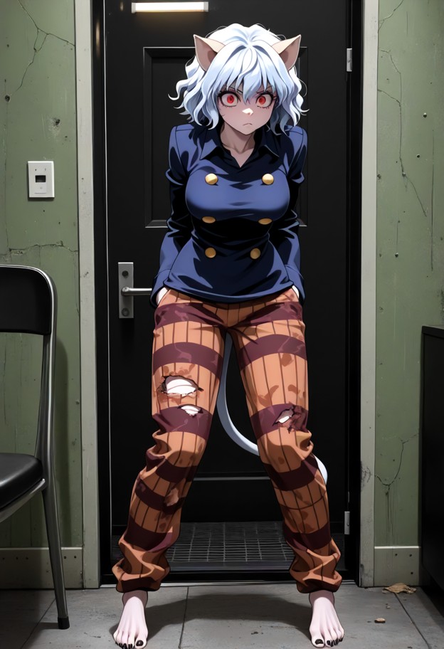 female furry standing with legs apart ready to pounce,torn green military jacket,camo pants at ankles,black undershir…