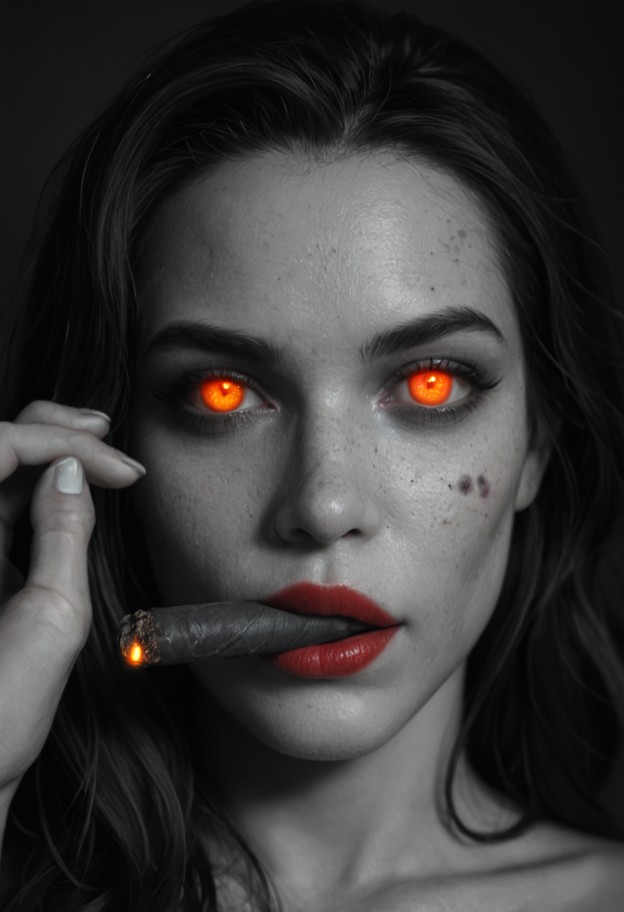 close-up portrait of a woman smoking a cigar,face clearly visible,highly detailed facial features

composition: tight…