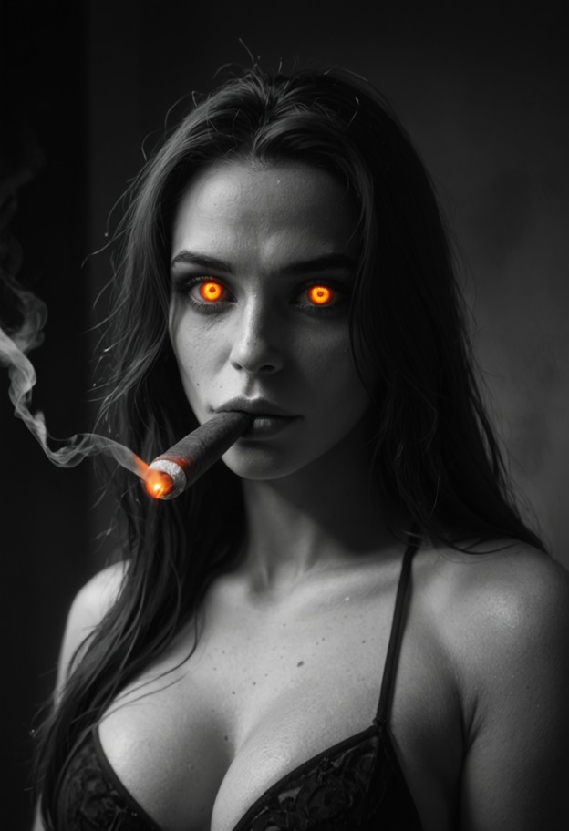 close-up portrait of a woman smoking a cigar,face clearly visible,highly detailed facial features

composition: tight…
