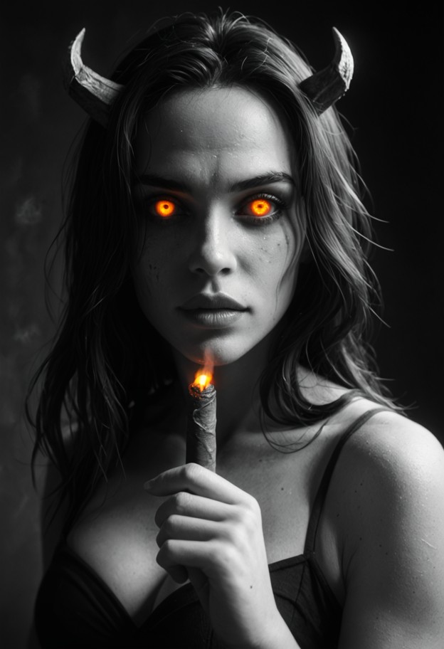 close-up portrait of a woman smoking a cigar,face clearly visible,highly detailed facial features

composition: tight…