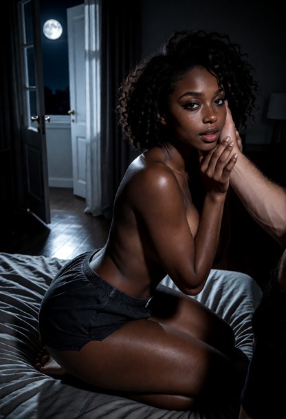 Location: dim bedroom at night with a half-open door, where the pale moonlight from an open window casts long, silver…