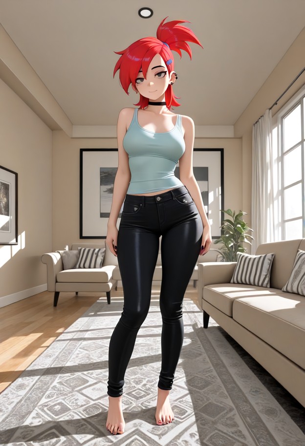 1girl standing with her feet slightly apart in modern living room,wearing a light blue tanktop that hugs her firm sma…