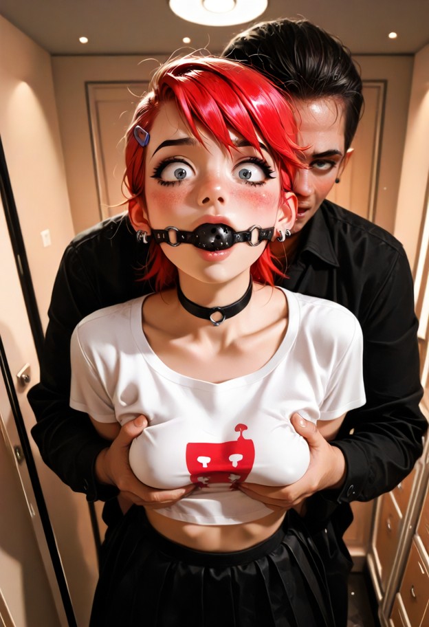 a girl being groped from behind inside a dark janitors closet. frankie foster cosplay. hand up croptop shirt,hand up …