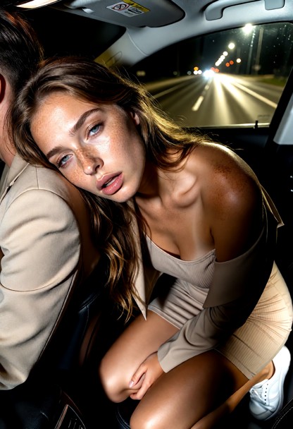 Location: interior of a car at night, illuminated by the dim glow of the dashboard lights and the passing streetlight…