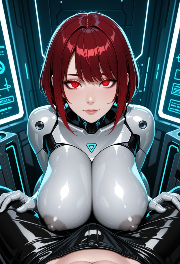 leaning forward rubbing crotch of viewer's pants,she is,tight silver bodysuit,latex,futuristic laboratory,metal walls…
