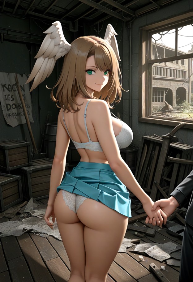 she is standing in center of room,holding hand,happy,short blue skirt,white lace underwear,abandoned storage building…
