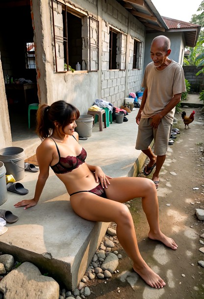 SCENE: Outside a small modest low-income house in the Philippines during bright warm tropical daylight. The house is …