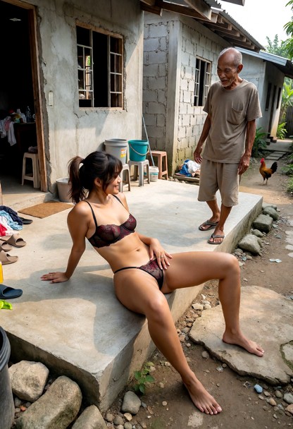 SCENE: Outside a small modest low-income house in the Philippines during bright warm tropical daylight. The house is …