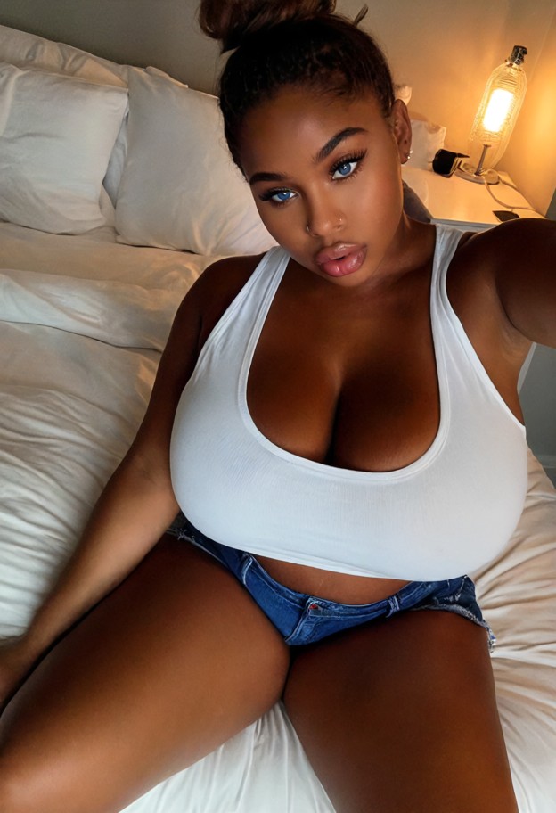 she is sitting on the edge of the bed,denim shorts,white cotton tank top,bedroom,white sheets,messy pillows,dim light…