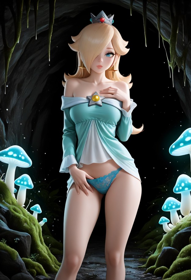 1girl standing in cave,blue lace panties,green moss,bioluminescent mushrooms,legs spread,hand in panties,fingers touc…