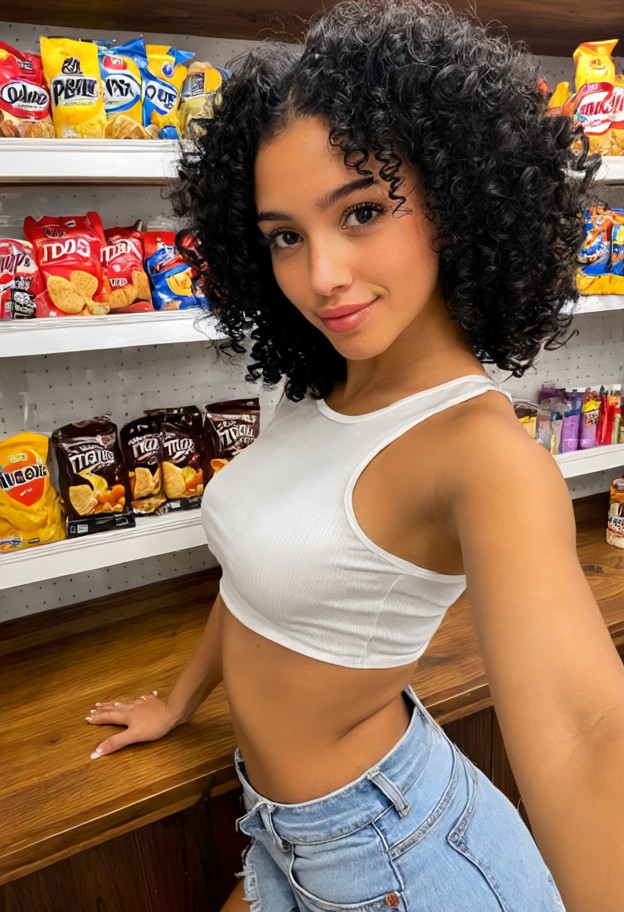 she is leaning against a wooden counter,sleeveless white cotton top,denim skirt,small convenience store,shelves with …