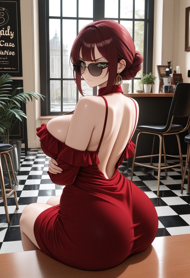 she is sitting on a red velvet banquette with arms crossed and angry expression,light floral dress,oversized sunglass…