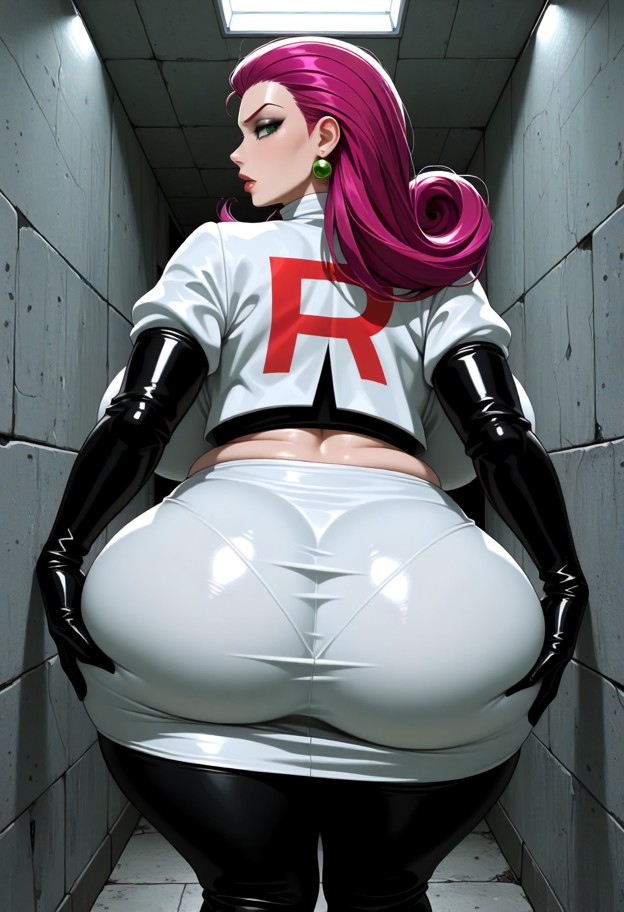 jessie is pulling her body forward towards the viewer,tight white spandex team rocket uniform,black undershirt,black …
