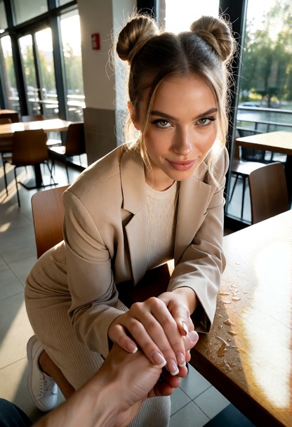 Location: bright afternoon at a campus café with polished tile floors, wooden tables, and soft sunlight streaming thr…