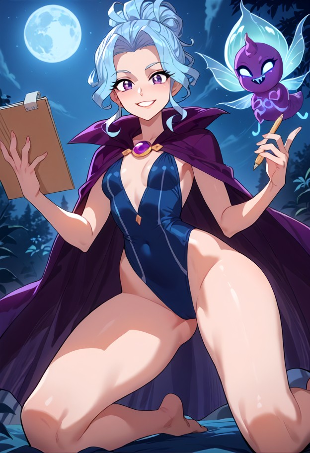 on her knees,holding_notebook and pen,looking_at_penis with a curious and puzzled face,dark forrest setting at night,…