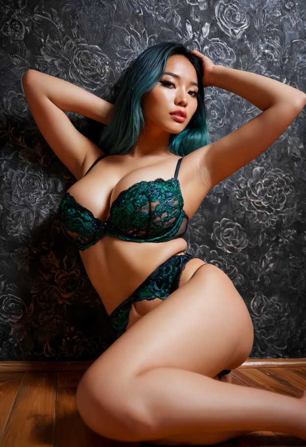 summary  a woman in seductive black lace lingerie reclines on a white textured surface against a dark paneled wall in…
