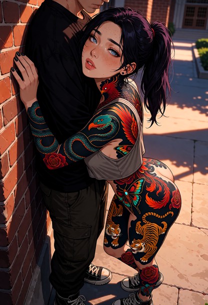 Location: late afternoon outside the campus library with textured red brick walls and soft, golden sunlight casting l…